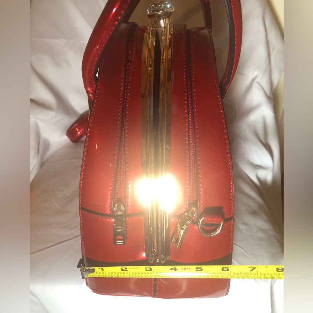 Red Floral Patent Dome Handbag with Gold Accents - Picture 8 of 8